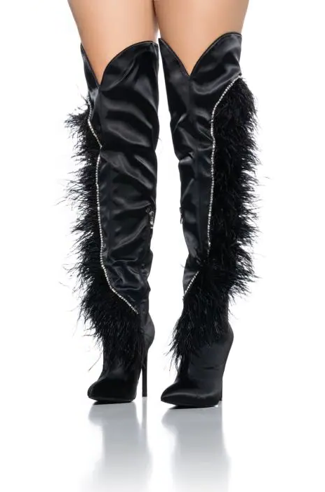 Crystal Thigh High fur Decor High Heels Over The Knee Boots