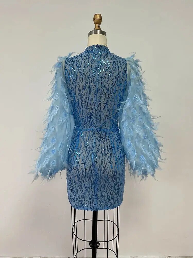 Feather Sequins Water Diamond Beaded Mini Dress