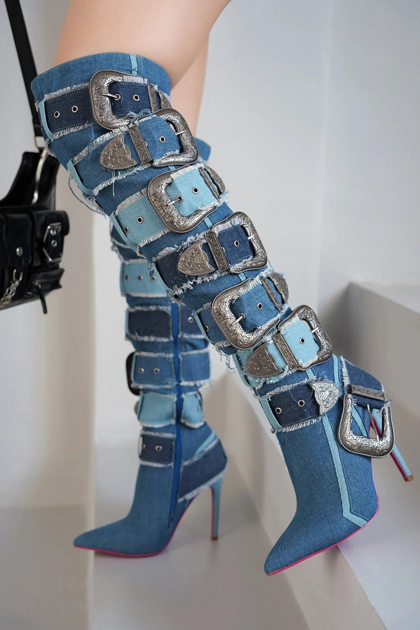 Multicolour Denim Belt Buckled High Heel Over The Knee Boots