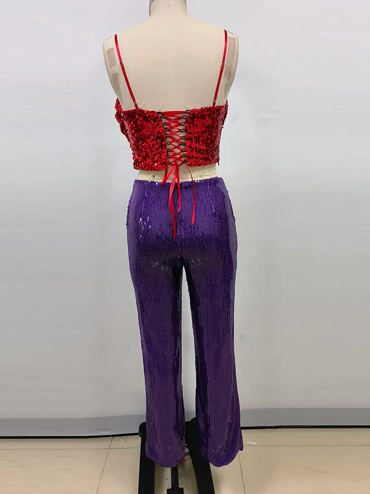 Flower Lace-up Crop Top Sequin High Waist Trouser Set