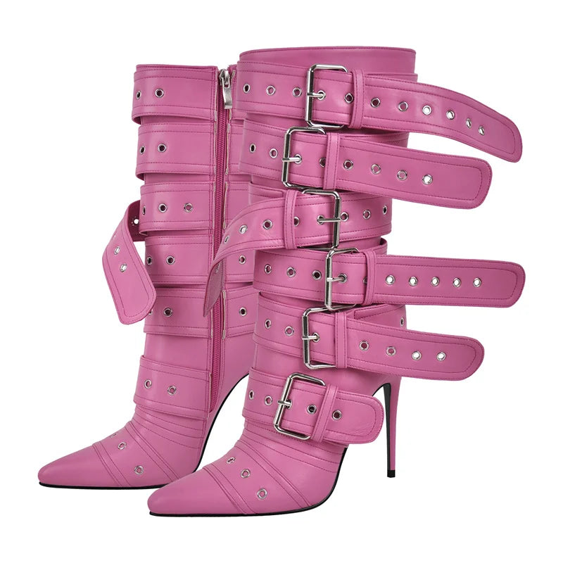 Multiple Buckle Strap Thin High Heel Zipper Side Pointed Toe Mid Boots