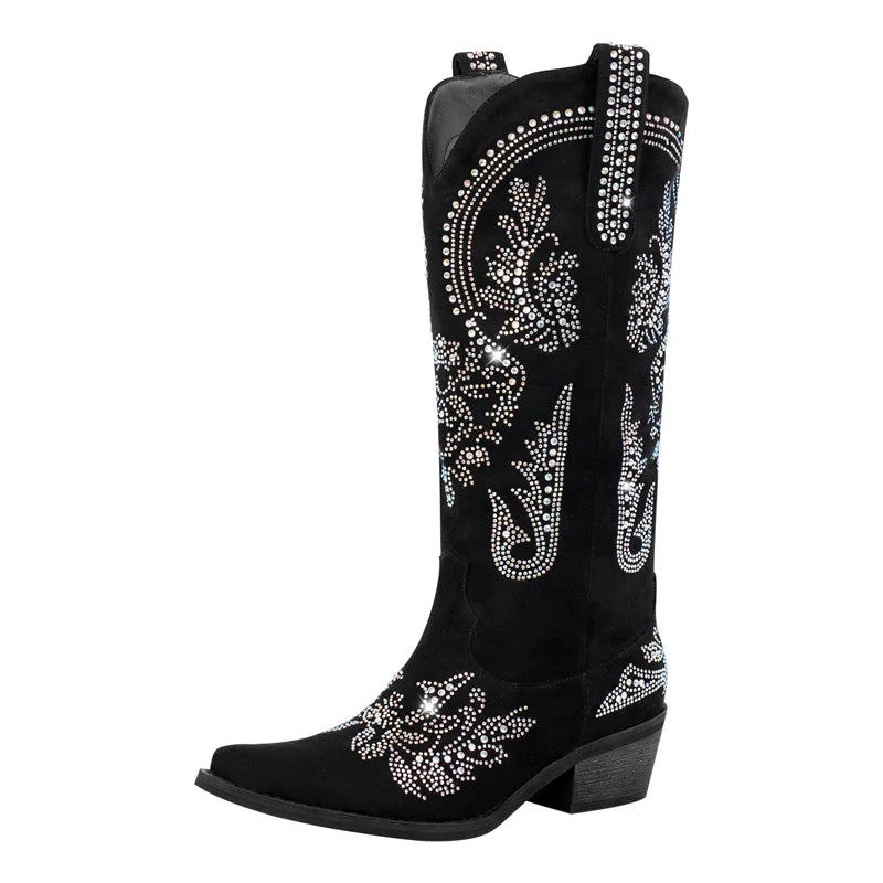 Flock Pointed Toe Rhinestone SLIP-ON Square Heel Boots