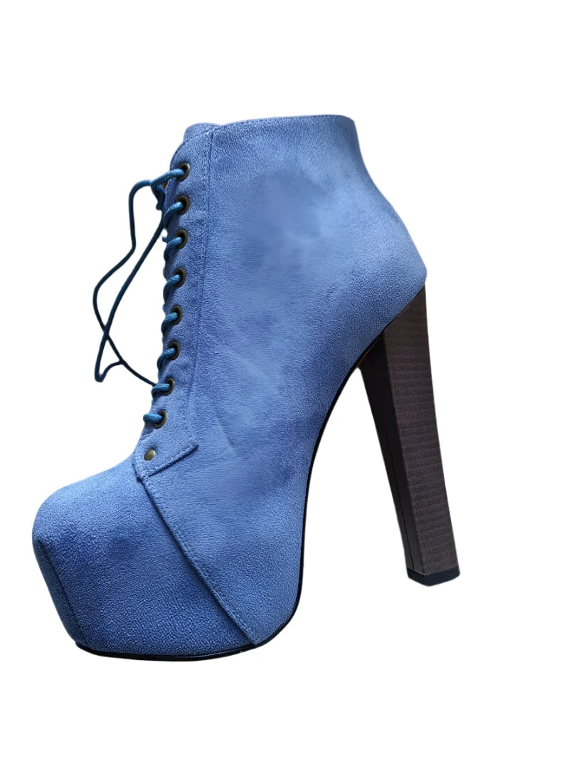 Platform Suede Lace Up Round Toe Thick Chunky Heel Ankle Boots