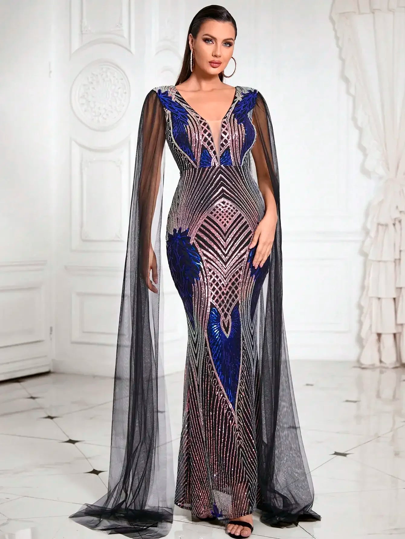 Deep V Neck Contrast Mesh Cloak Sleeve Sequin Formal Maxi Dress