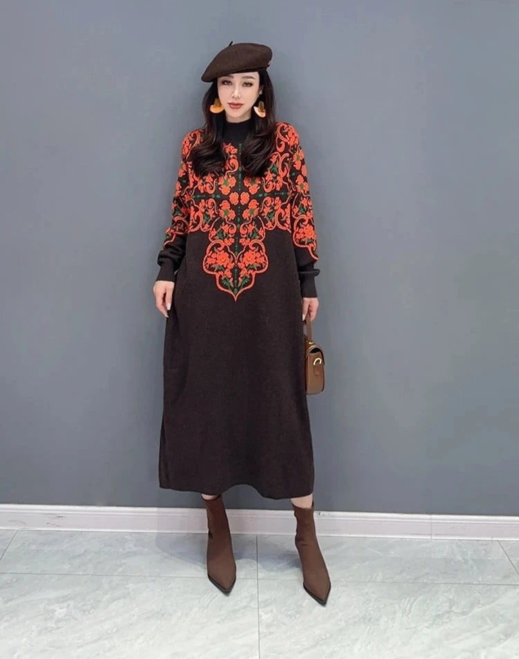 Printed O-neck Long Sleeve A Line Maxi Pullover Dress