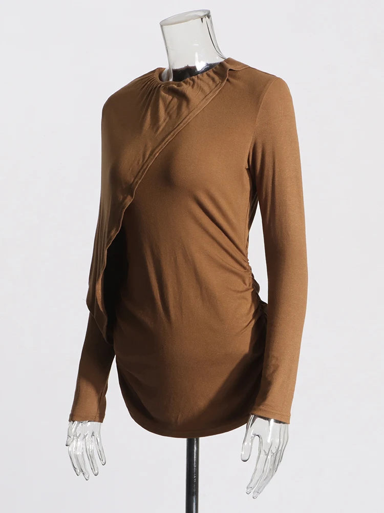 Spliced Folds Asymmetrical O Neck Long Sleeve T Shirt