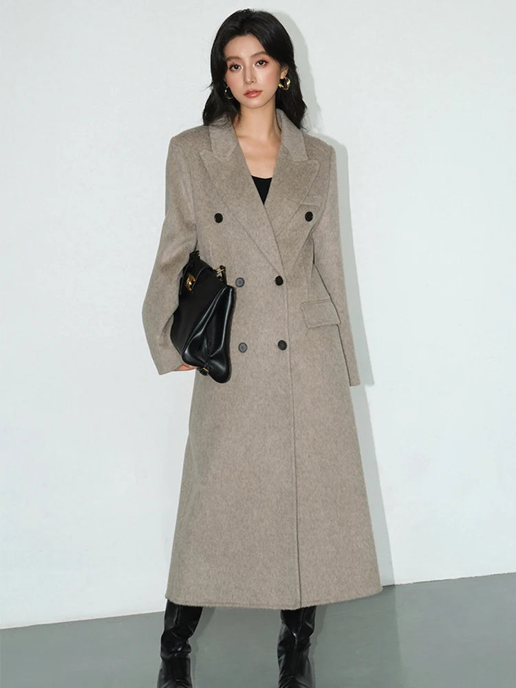 Double Breasted Long Sleeves Lined Blends Wool Loose Overcoat