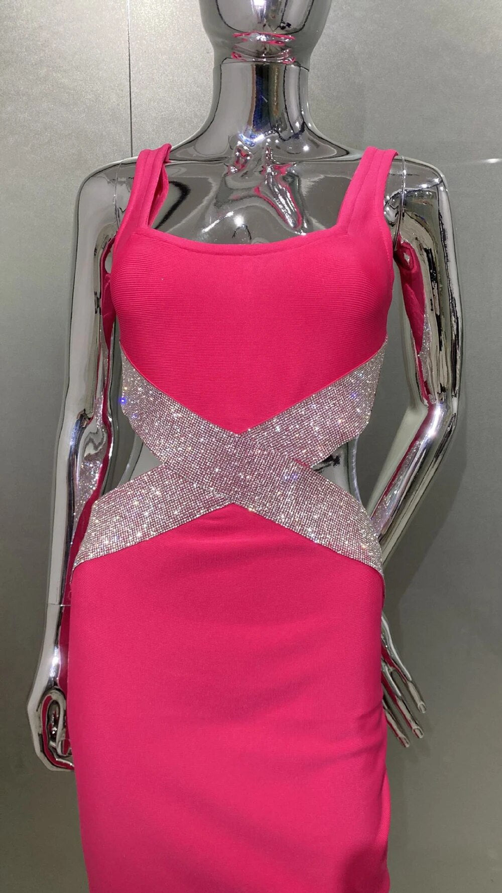 Sleeveless Square Neck Sparkling Diamond Hollow Tight Bandage Mid Dress