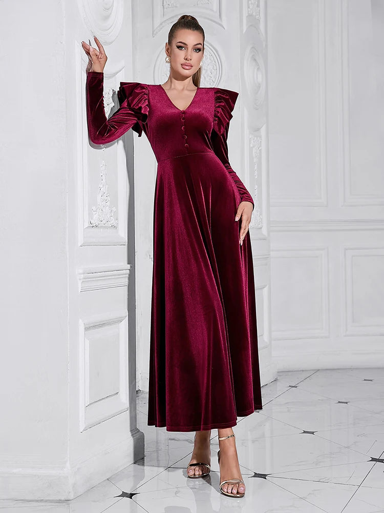 V Neck Ruffles Long Sleeve Velvet Button Slim A line Maxi Dress