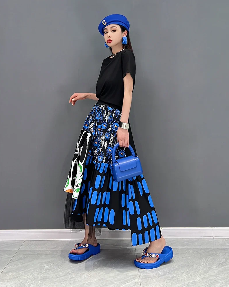 Printed Mesh Spliced Contrast Colour Elastic Waist A-line Skirts