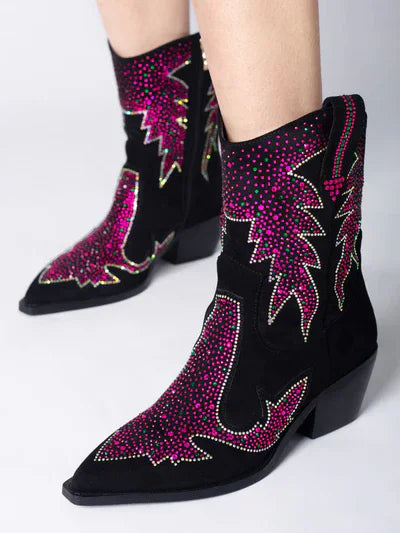 Platform Studded Crystals Fringe Pointed Toe Chunky Heel Ankle Boots