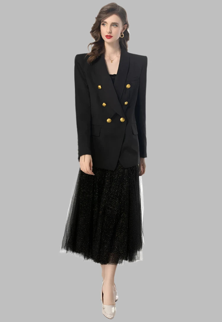 Long Sleeve Gold Button Blazer Mash Polka Dot Flutter Skirt Set