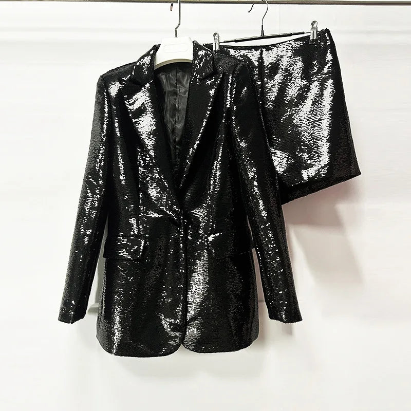 Bling Shiny Sequins Turn-down Collar Long Sleeve Blazer Shorts Set