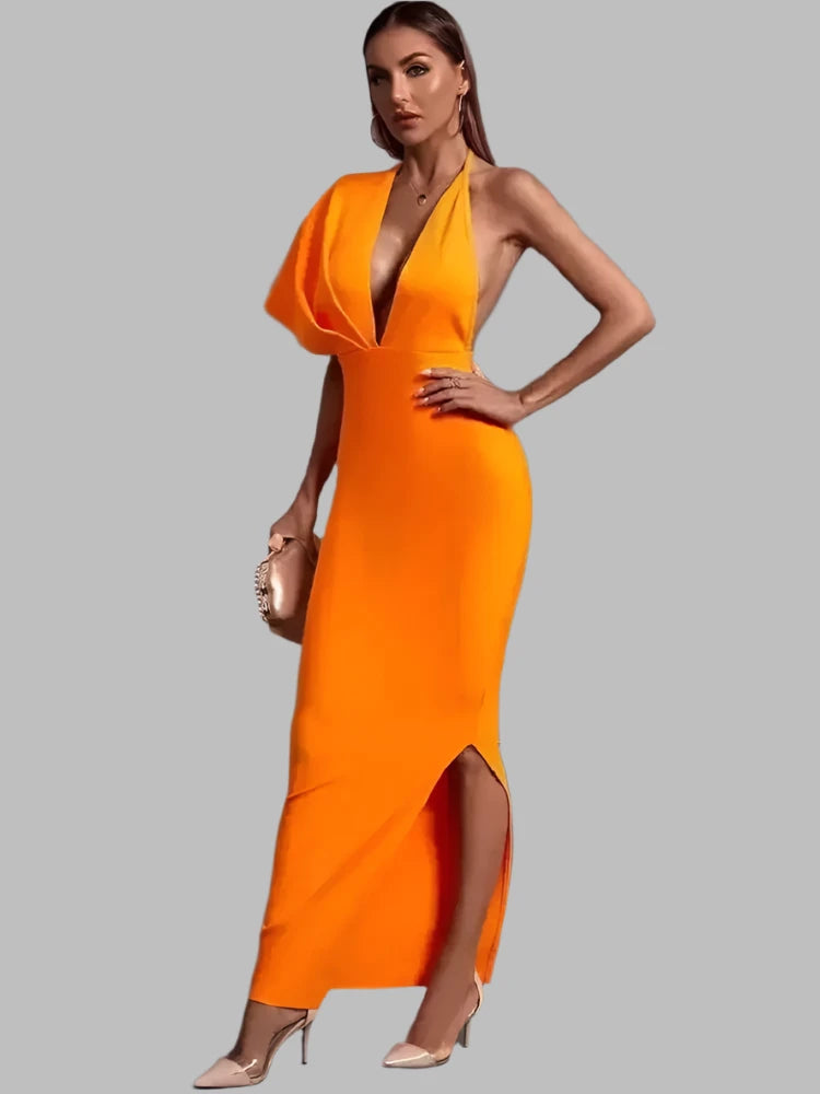 Plunge V Neck Asymmetrical Backless Halter Bandage Maxi Dress