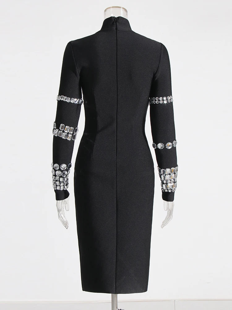 Patchwork Diamonds Turtleneck Long Sleeve High Waist Mid Dress