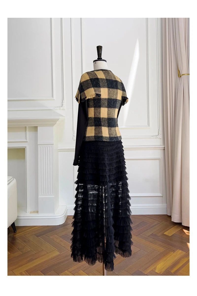 V Neck Pullover Plaid Woollen High Collar Bottom Tops Mesh Tassel Mid Skirt Sets