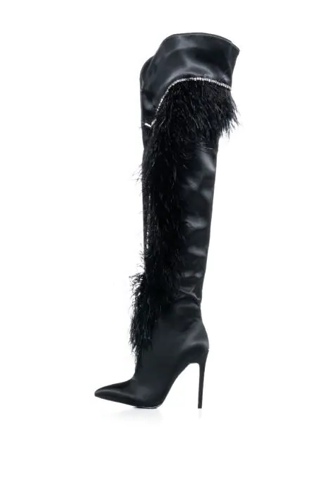 Crystal Thigh High fur Decor High Heels Over The Knee Boots