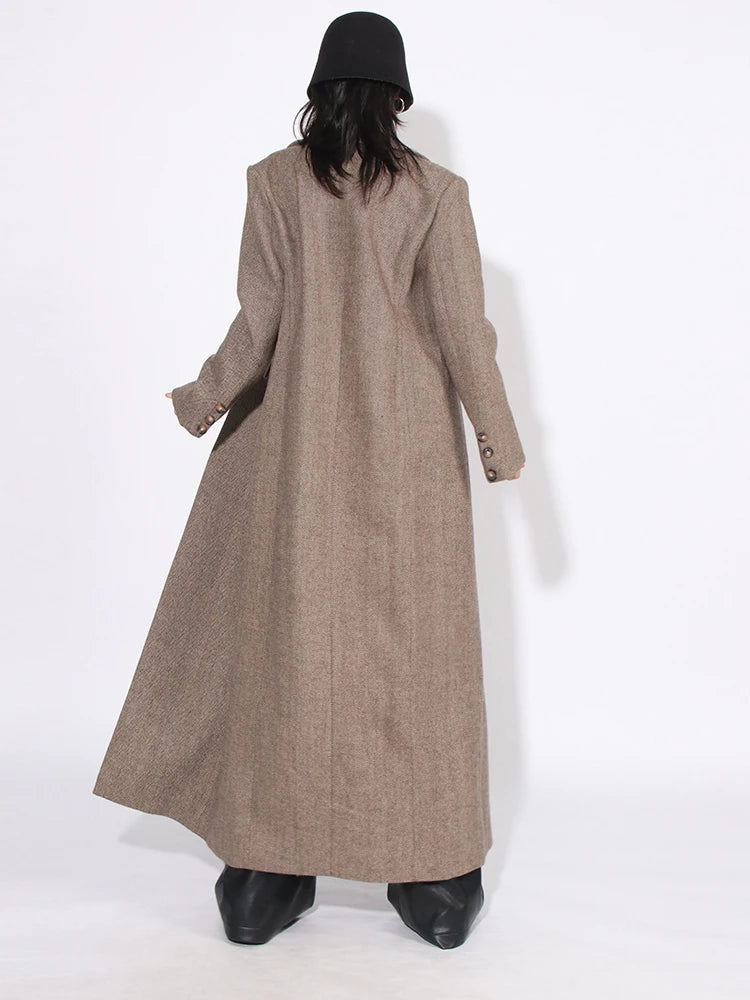 Patchwork Pockets Loose Long Sleeve Spliced Button Maxi Coat