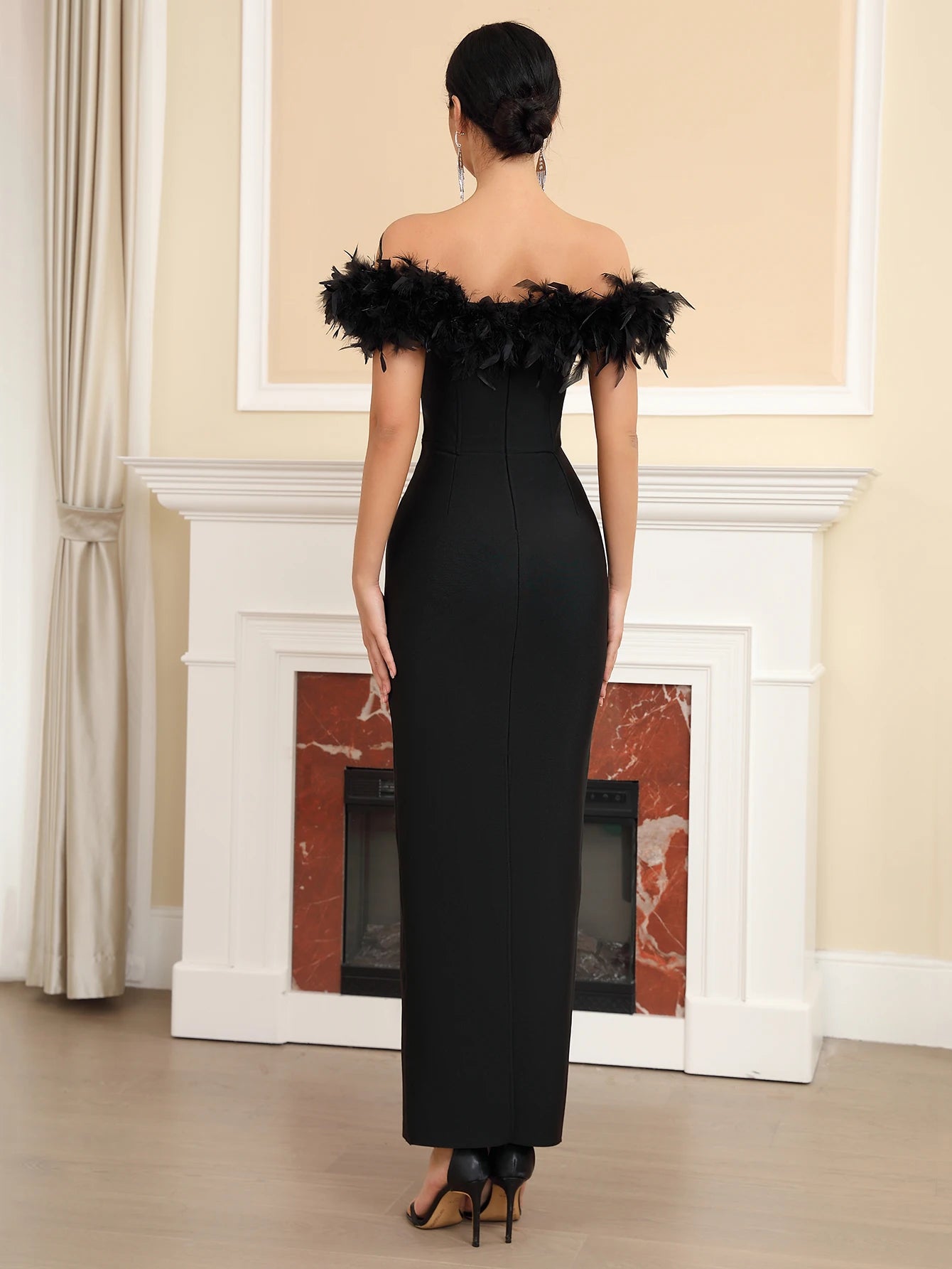 V-neck Feather Strapless Shoulder Tight Maxi Bandage Dress