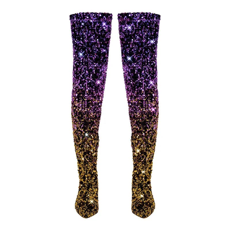 Pointed Toe Bling Glittery Multi Sequins Over The Knee Boots