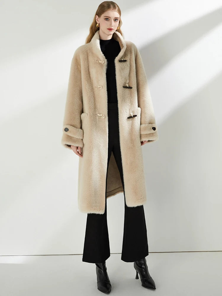 Stand Collar Single Button Pockets Loose Thick Warm Faux Fur Overcoat