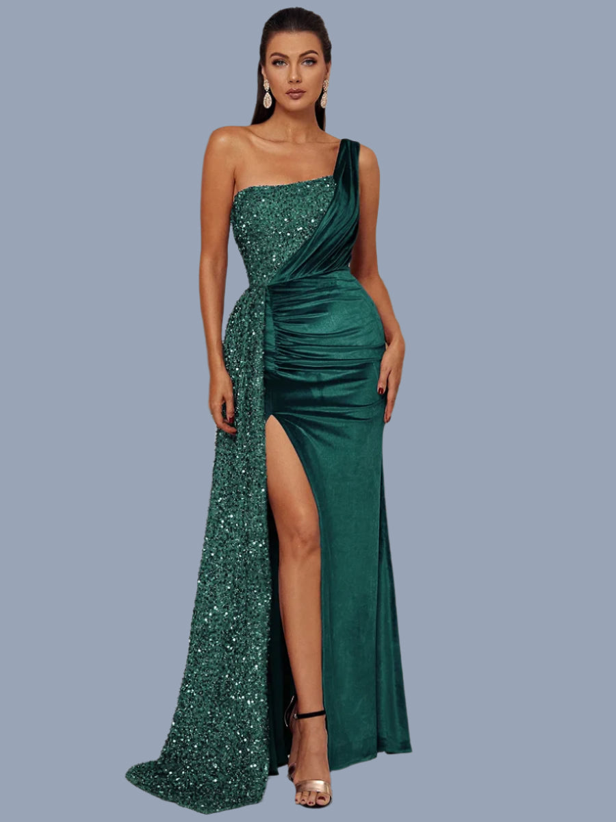 One Shoulder Chic Draped Sequin Panel Velvet Split Prom Maxi Dress