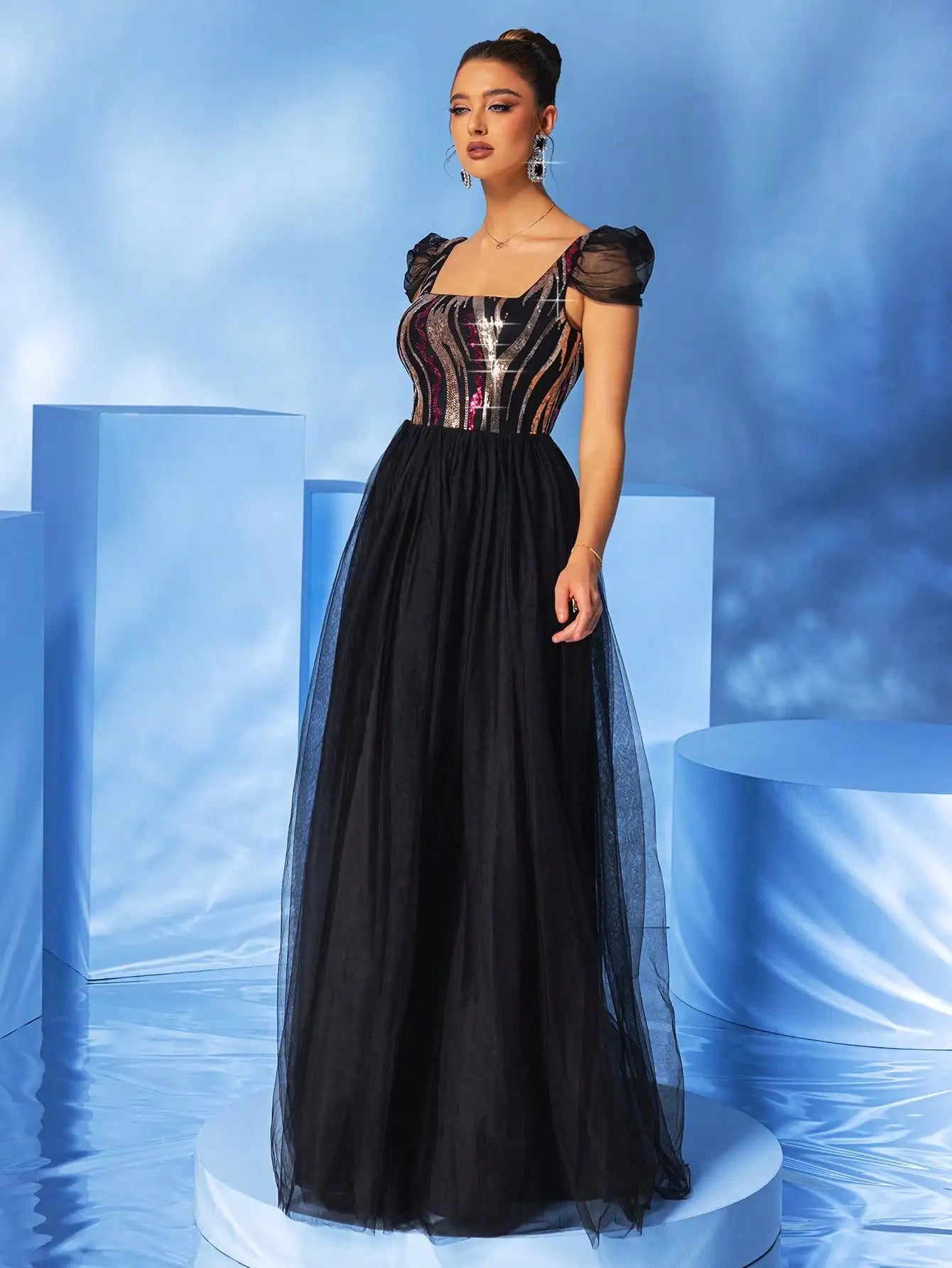 Puff Sleeve Sequin Black Mesh A-LINE Evening Maxi Dress