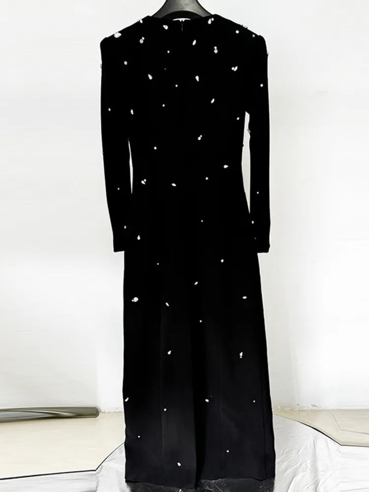 Beading Diamond Slim O-neck Zipper Loose Long Sleeves Maxi Dress