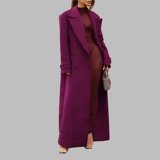 Turn Down Collar Long Sleeve Patchwork Double Breasted Maxi Coat