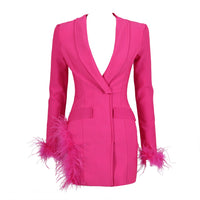 V Neck Long Sleeve Feather Blazer Bandage Mini Dress