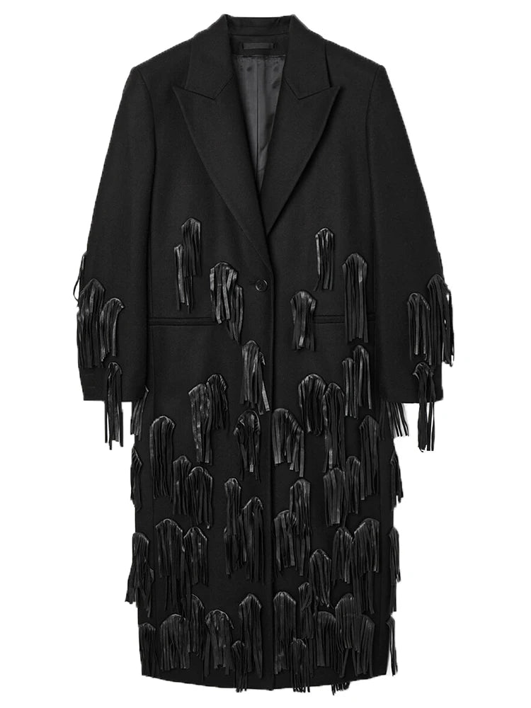 Lapel Single Breasted Long Sleeve High Waist Loose Tassel Coat