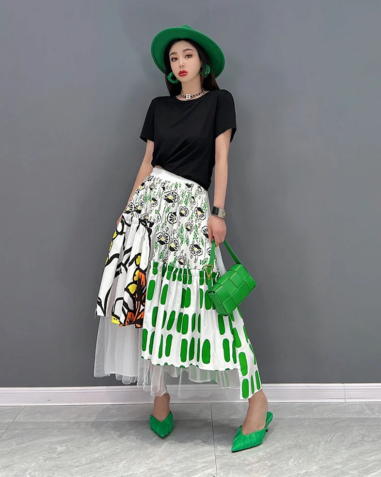 Printed Mesh Spliced Contrast Colour Elastic Waist A-line Skirts