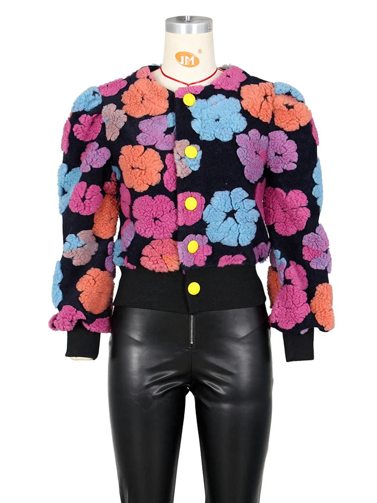 O Neck Loose Single Breasted Long Sleeve Retro 3D Flowers Short Jacket