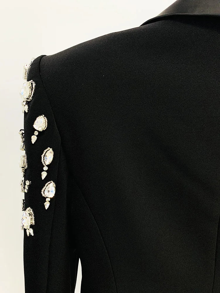 Pearl inlaid Diamond Long Double Breasted Button Satin Collar Blazer Dress