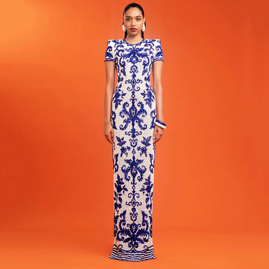 Short Sleeve Blue & White Porcelain Printed Tight Bandage Maxi Dress