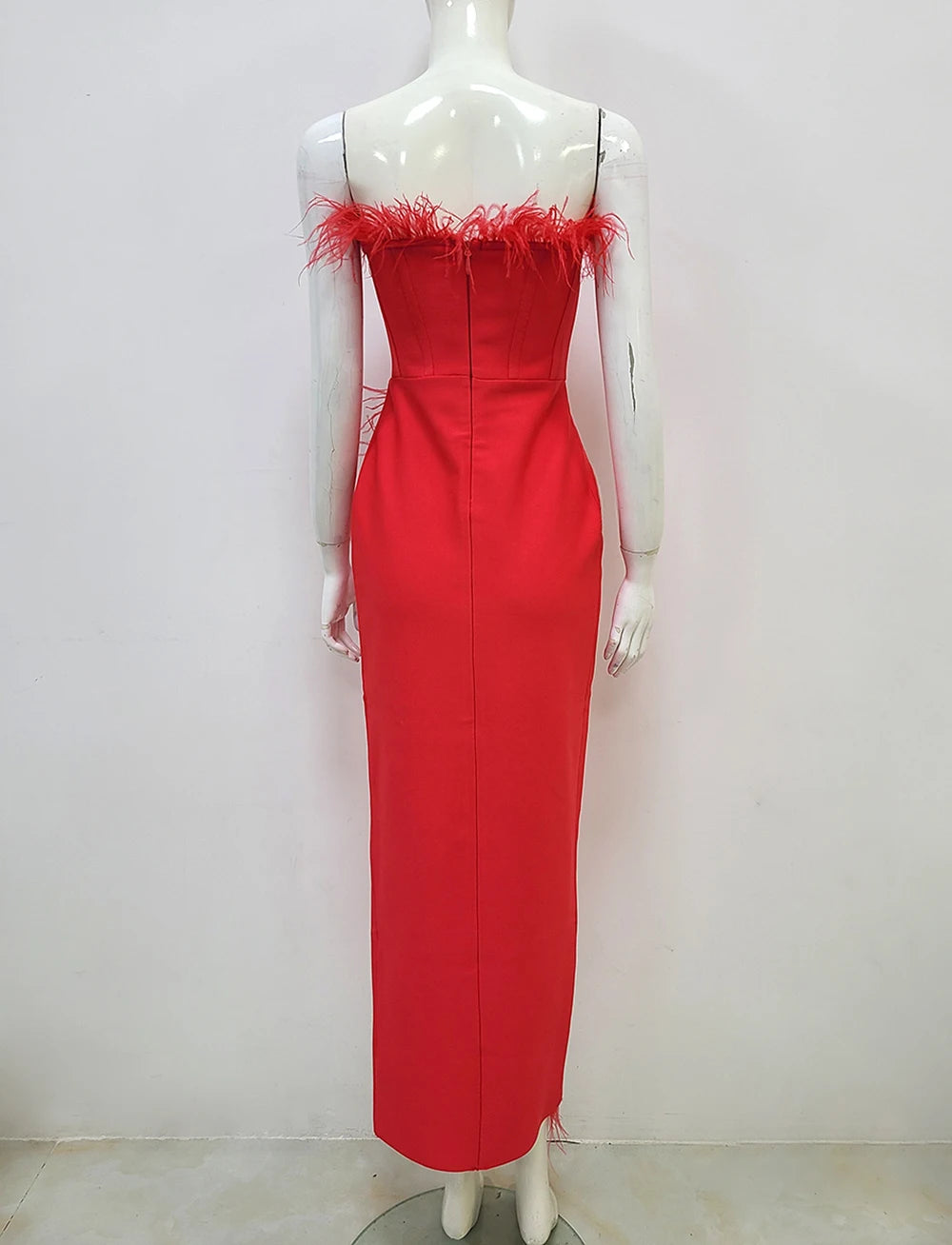 Strapless Feather Tight Split Bandage Maxi Dress