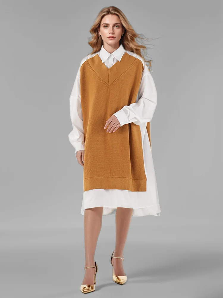 Turn-down Collar Knitted Shirt Single Breasted Loose Mid Dress