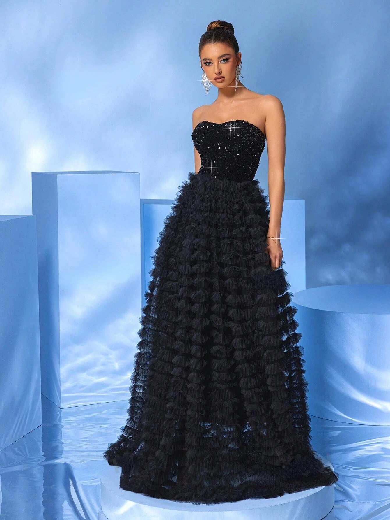 Strapless Black With Rhinestone Decoration Formal Maxi Dress