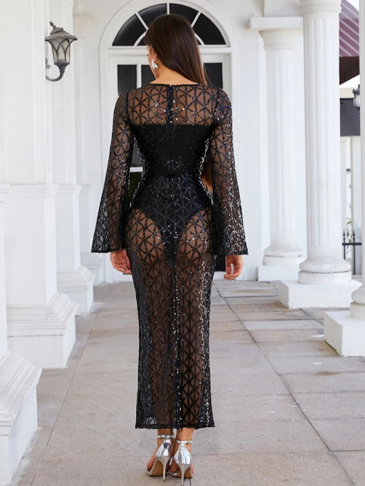 O Neck Flare Long Sleeves See Bodysuit Through Mesh Sequins Slim Dress