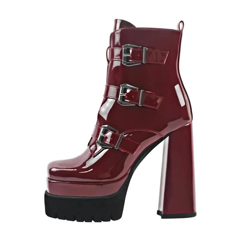 Square Toe Double Platform Strap Buckle Side Zip Patent Leather Ankle Boots