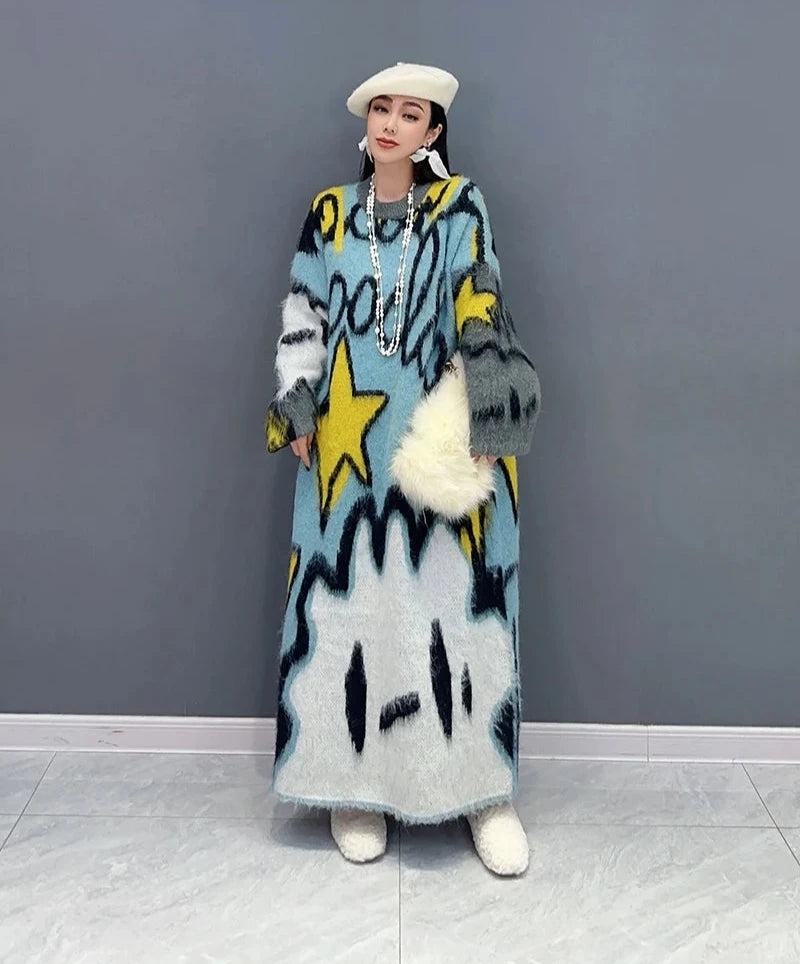 Printed O-Neck Long Sleeve Thick Maxi Knitted Pullover Dress