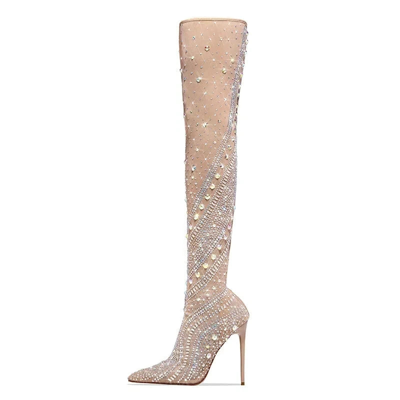 Crystal Embellished Stretch Thigh High Heel Over The Knee Boots