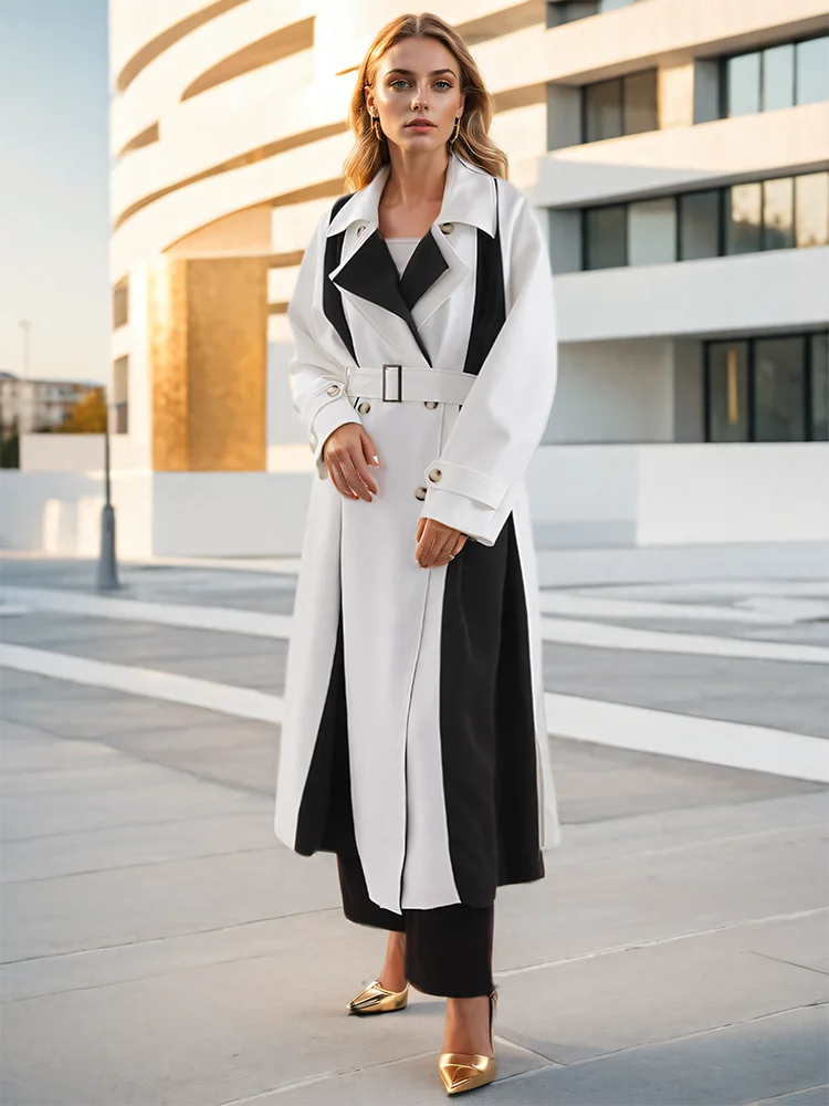 Belted Double Breasted Contrast Colour Pockets Mid Trench Coat