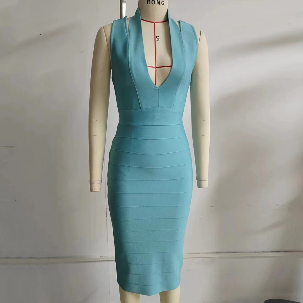 Sleeveless V-neck Open Back Hollow Out Mid Bandage Dress