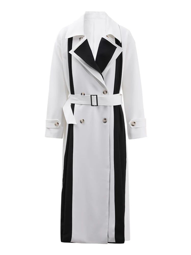 Belted Double Breasted Contrast Colour Pockets Mid Trench Coat