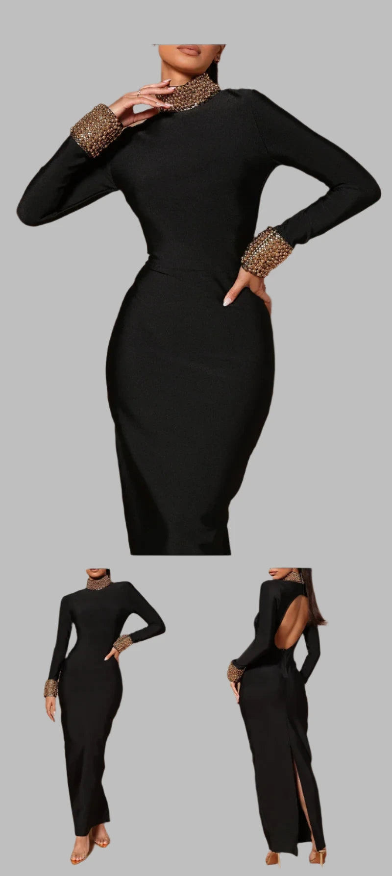 Beading Turtleneck Long Sleeve Golden Beading Bandage Maxi Dress