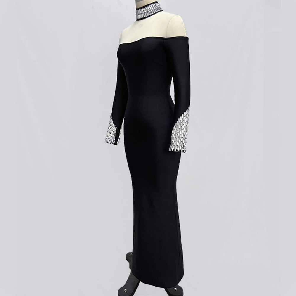 Long Sleeve Mesh Colour Blocked Diamond Tight Maxi Bandage Dress