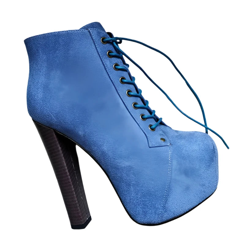 Platform Suede Lace Up Round Toe Thick Chunky Heel Ankle Boots