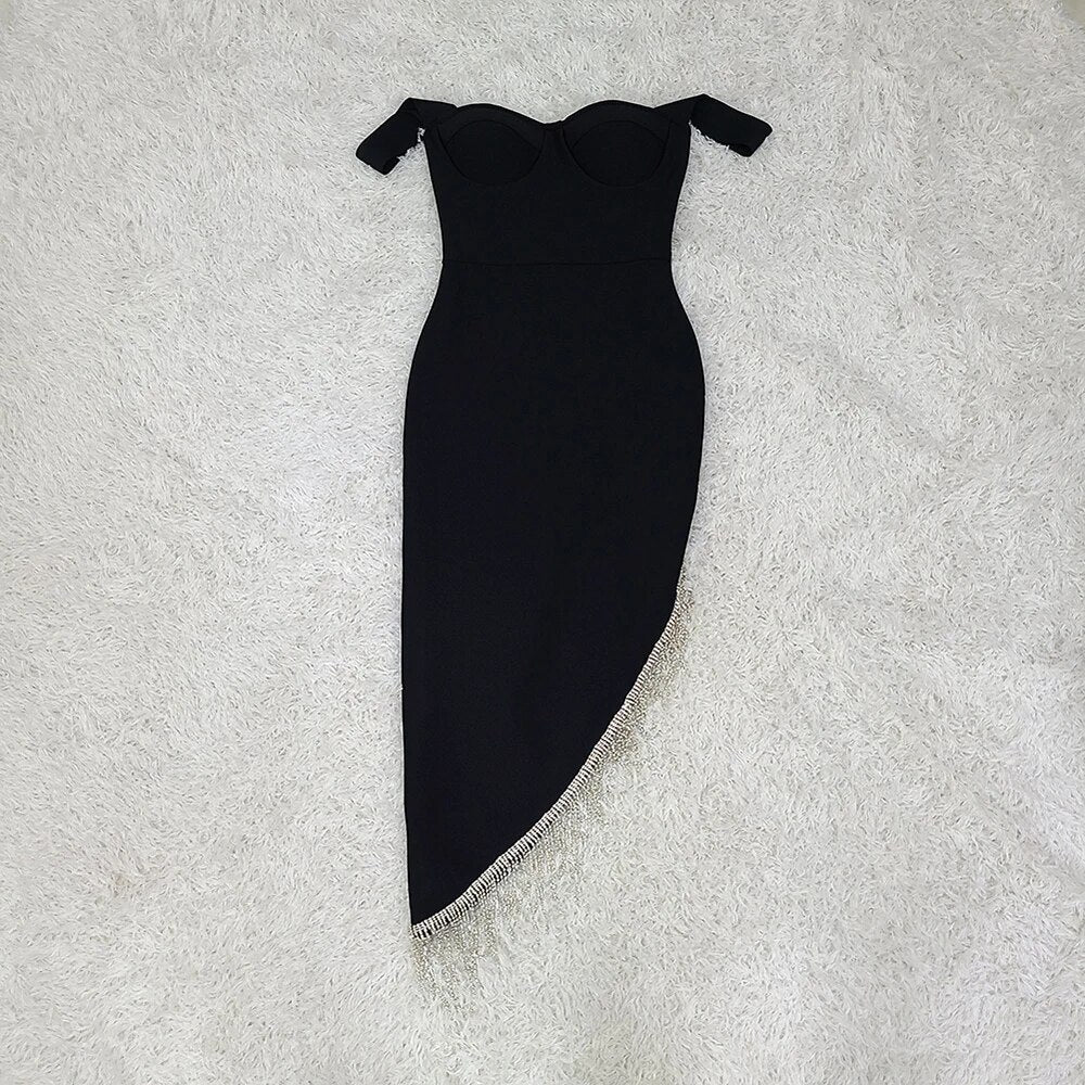 Sleeveless V-neck Off Shoulder Diamond Tassel Asymmetric Bandage Mid Dress