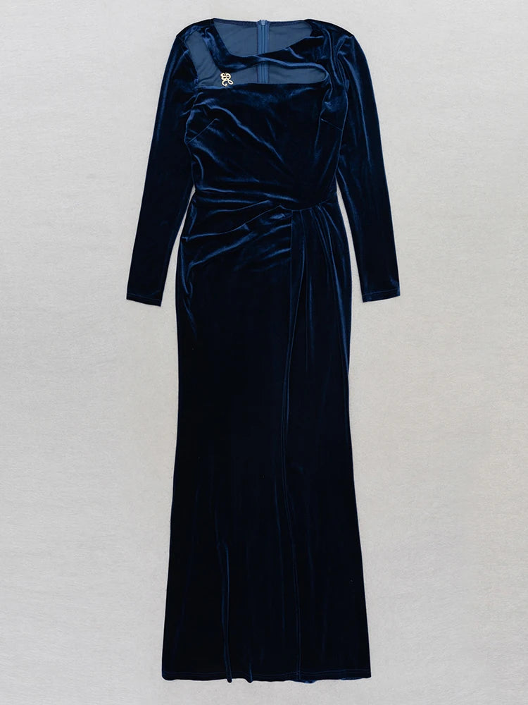 Asymmetrical Neck Long Sleeves Velvet Hollow Out Split Maxi Dress